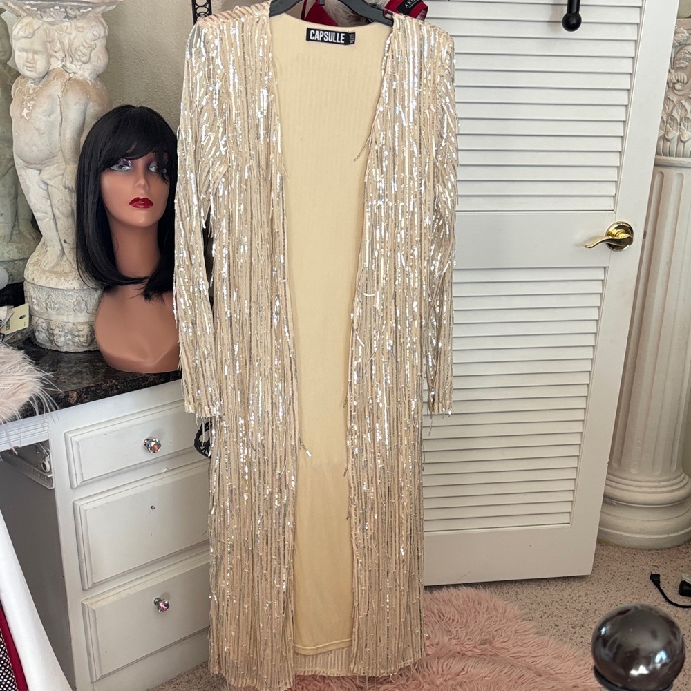 Capsule Long Sequin Fringe Duster - Champagne